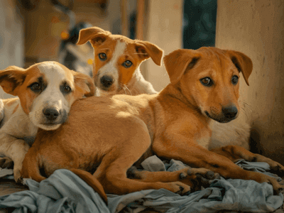 Three puppies resting together, illustrating how a dog’s fur color can naturally change over time due to genetics, sunlight, and aging.