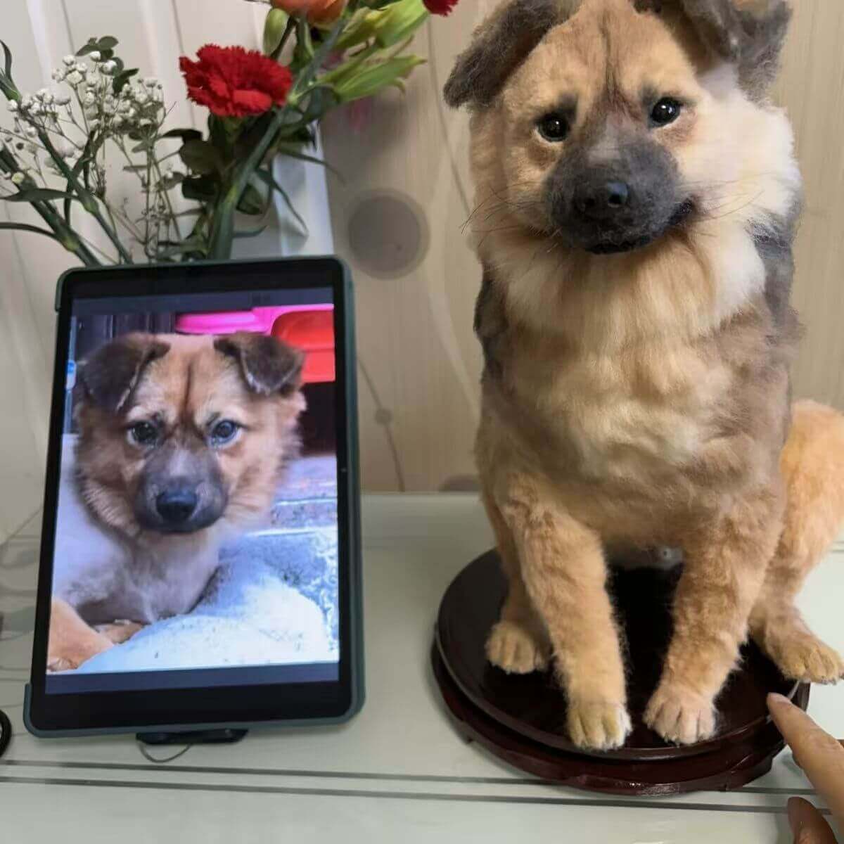 Custom plush cuddle clone of tan dog displayed beside printed photo