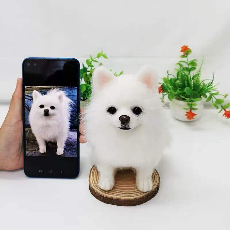 Small white dog custom memorial plush cuddle clone next to reference photo