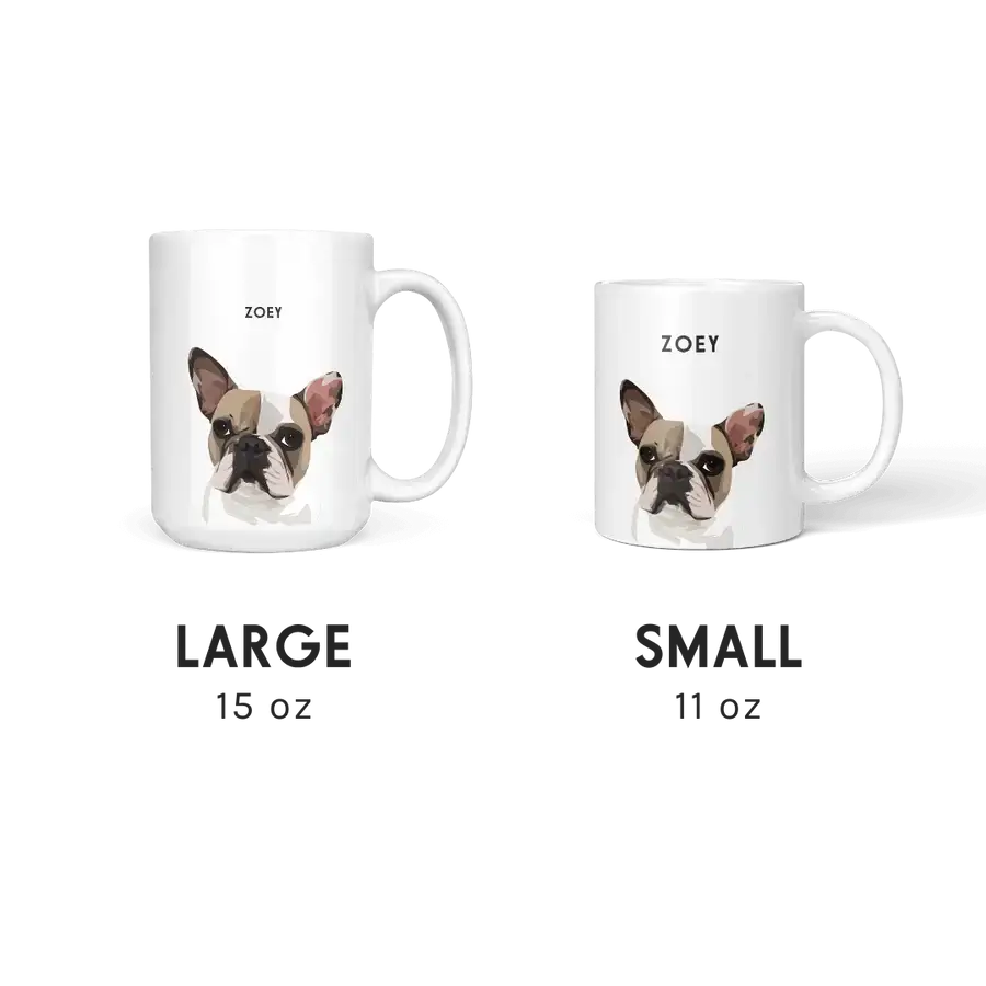Custom pet portrait mugs size comparison, large 15oz and small 11oz personalised cups