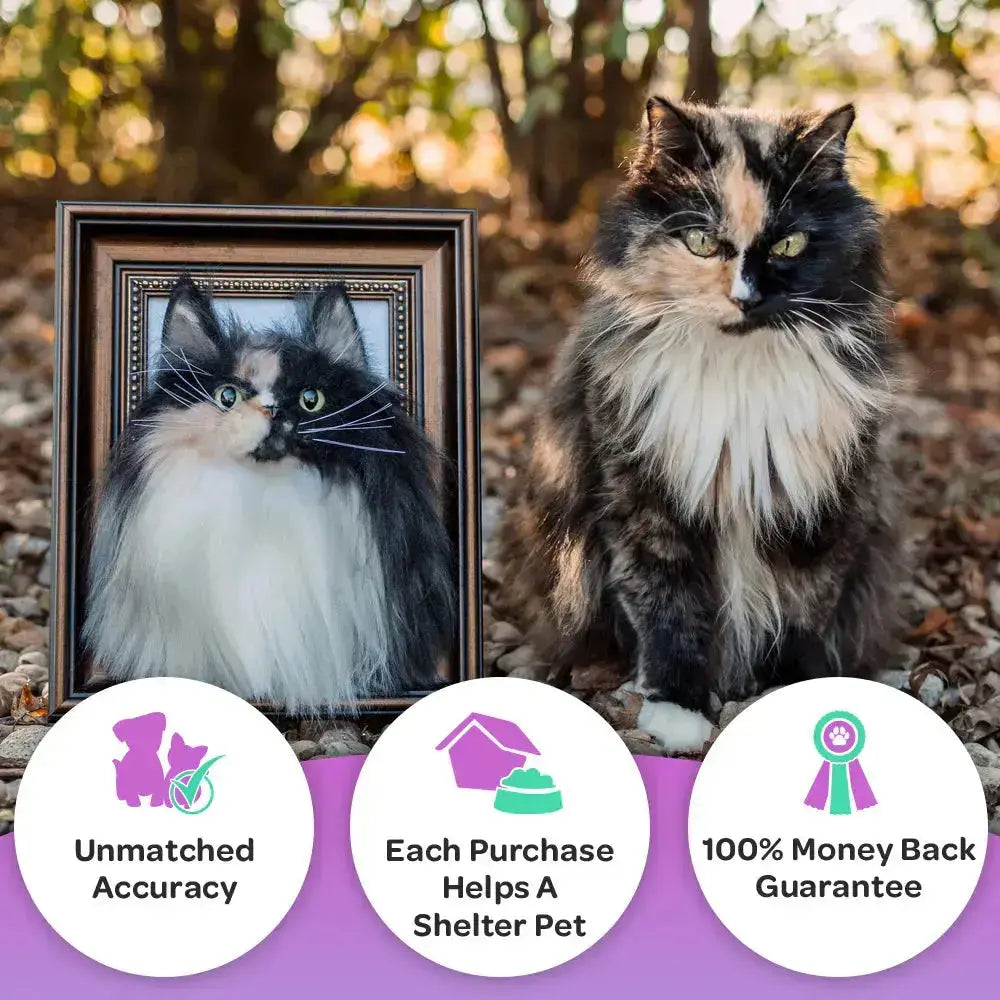 Realistic 3D plush pet portrait framed, displayed on a shelf with purple feature icons.