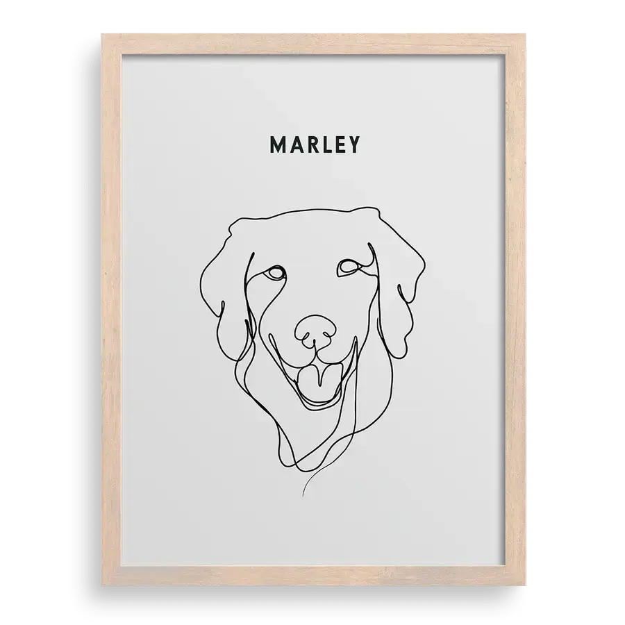 Custom One Pet Line Drawing Portrait on Soft White background, brown frame – dog memorial, pet memorial gifts, dog artwork by Paw-Pixie