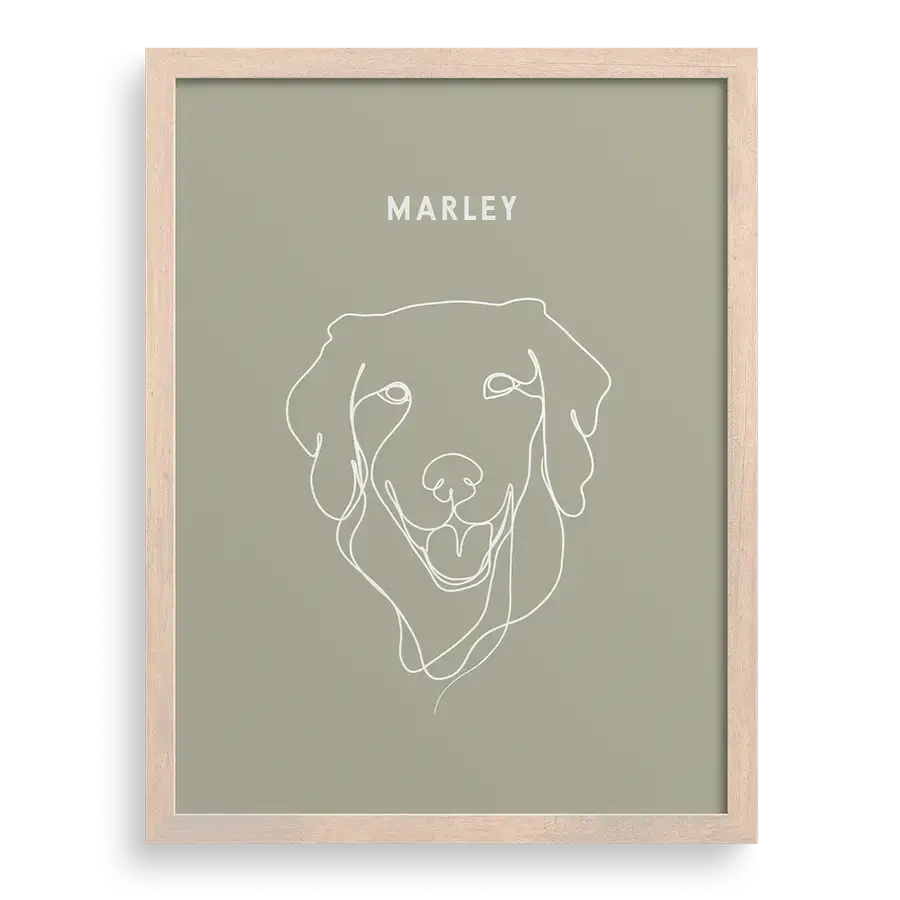 Custom One Pet Line Drawing Portrait on Sage background, brown frame – dog and cat for art, memorial for a pet, dog artwork by Paw-Pixie