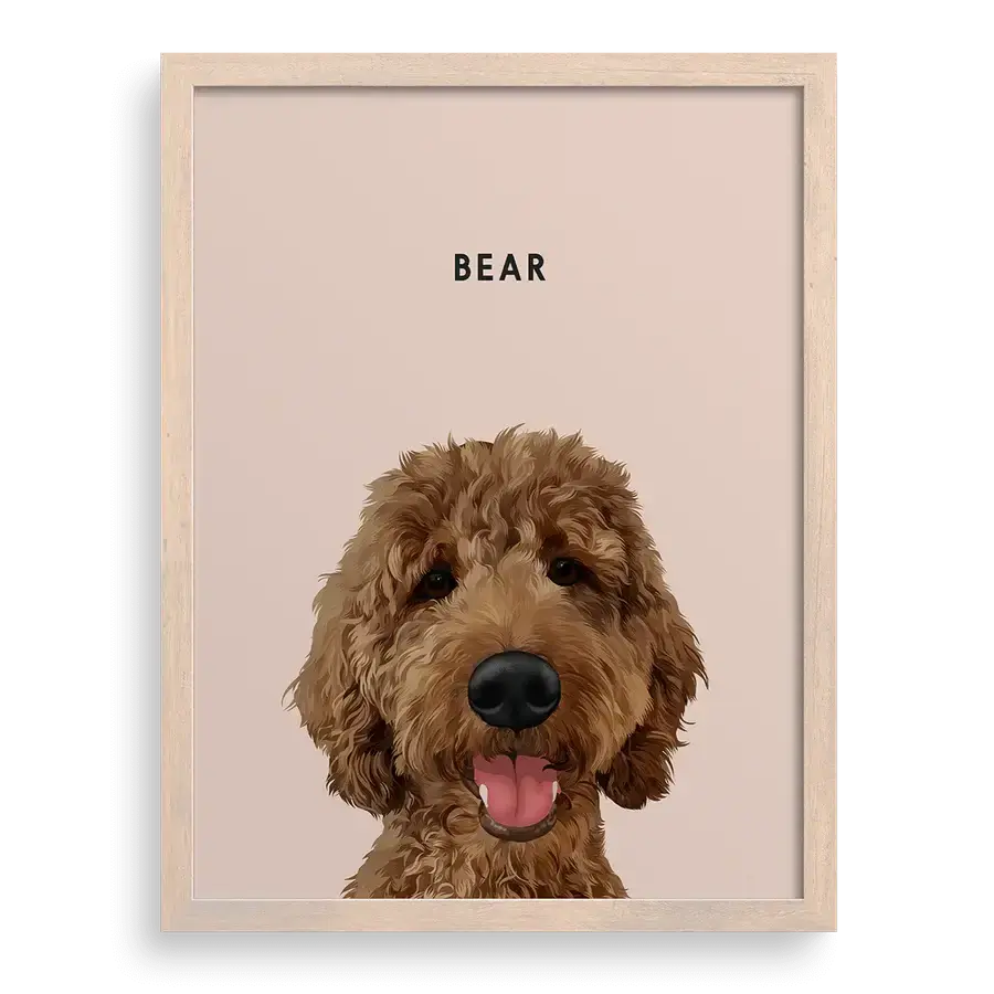 Dog memorial portrait with dusty pink background in brown frame — personalised pet memorial wall art by Paw-Pixie