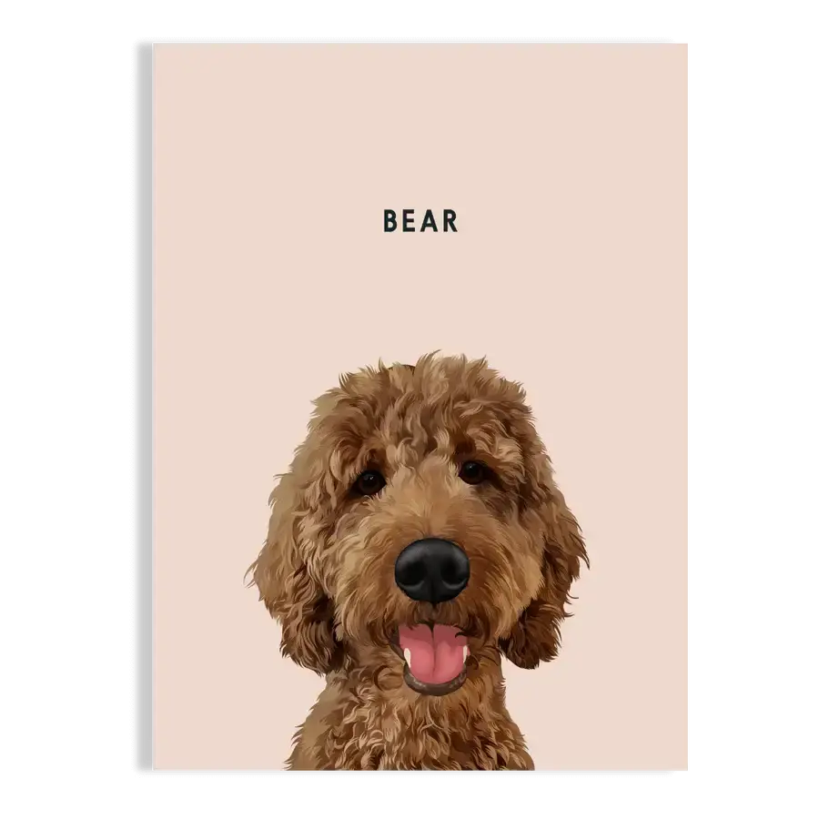 Custom dog artwork portrait on dusty pink background, frameless wall decor — personalised pet memorial gift by Paw-Pixie