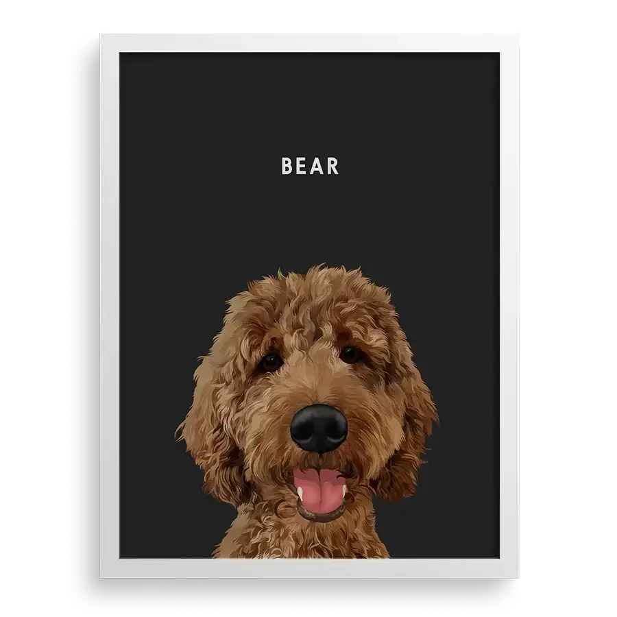 Dog painting face on charcoal gray background with white frame — elegant custom pet memorial artwork by Paw-Pixie
