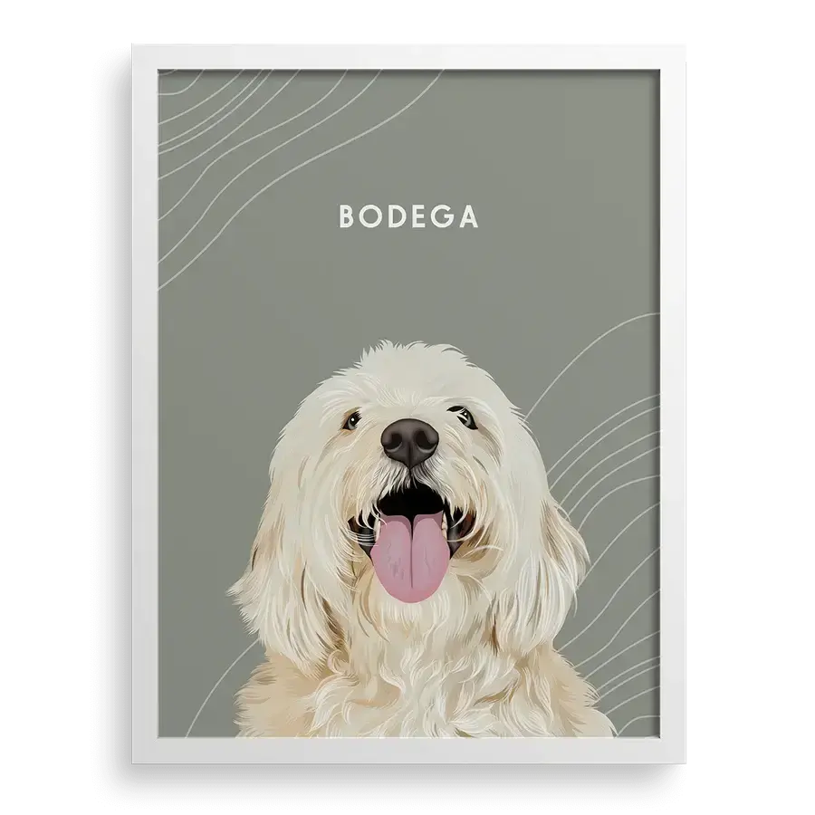 Dog and cat for art portrait on sage green background with white frame — modern personalised pet memorial gifts by Paw-Pixie