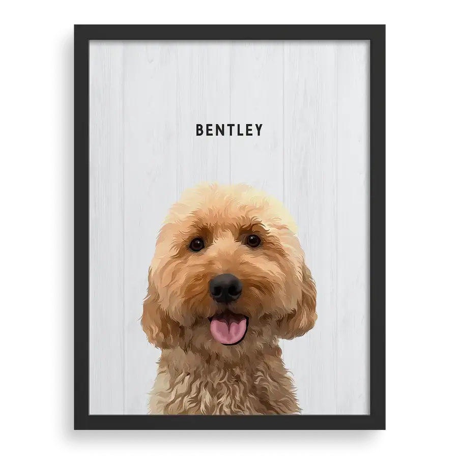 Renaissance pet style portrait on shiplap wood background with black frame — dog memorial gifts by Paw-Pixie