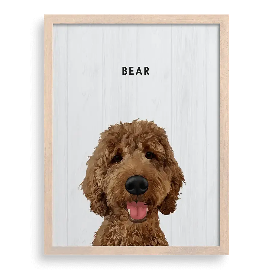 Custom dog memorial portrait on shiplap wood background with brown frame — rustic personalised pet artwork by Paw-Pixie