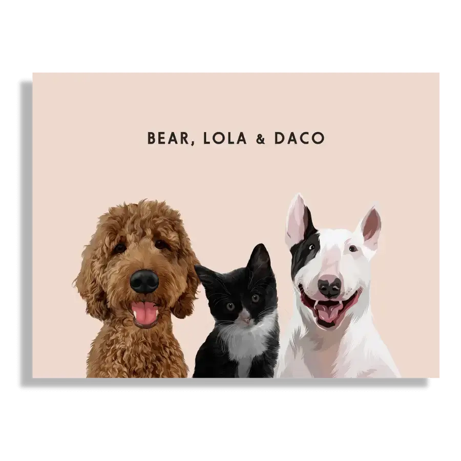 Custom Portrait for Three Pets with Dusty Pink background and No Frame, dog and cat personalised art gift by Paw-Pixie