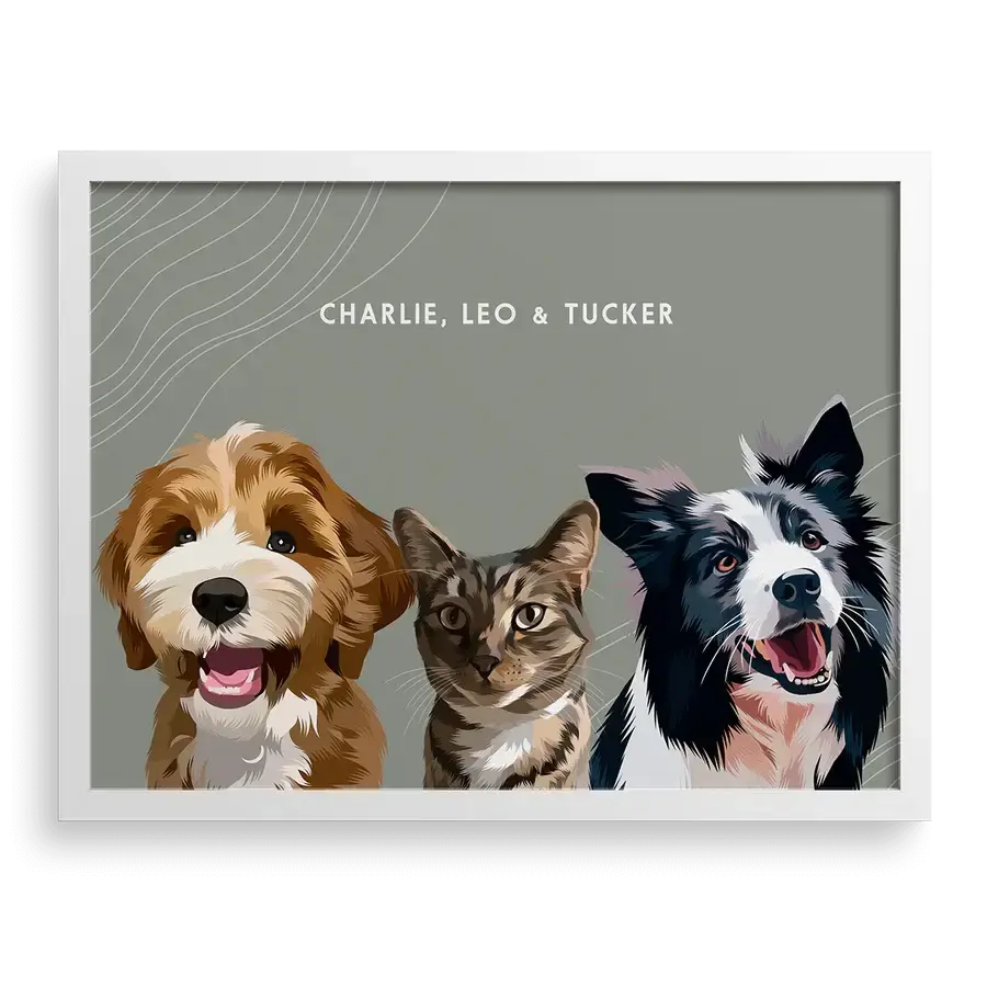 Custom Portrait for Three Pets with Sage background and White frame, dog and cat personalised pet portrait by Paw-Pixie