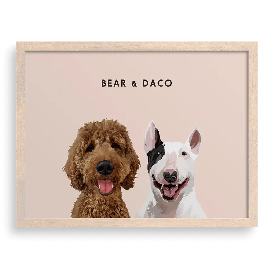 Custom Portrait for Two Pets on Dusty Pink background with Brown frame — stylish personalized pet portrait gift by Paw-Pixie