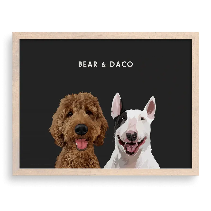 Custom Portrait for Two Pets on Charcoal Gray background with Brown frame — bold custom pet portrait wall decor by Paw-Pixie