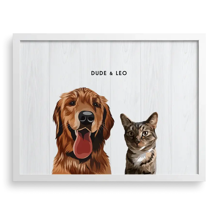 Custom Portrait for Two Pets on Shiplap background with White frame — rustic custom pet wall decor by Paw-Pixie