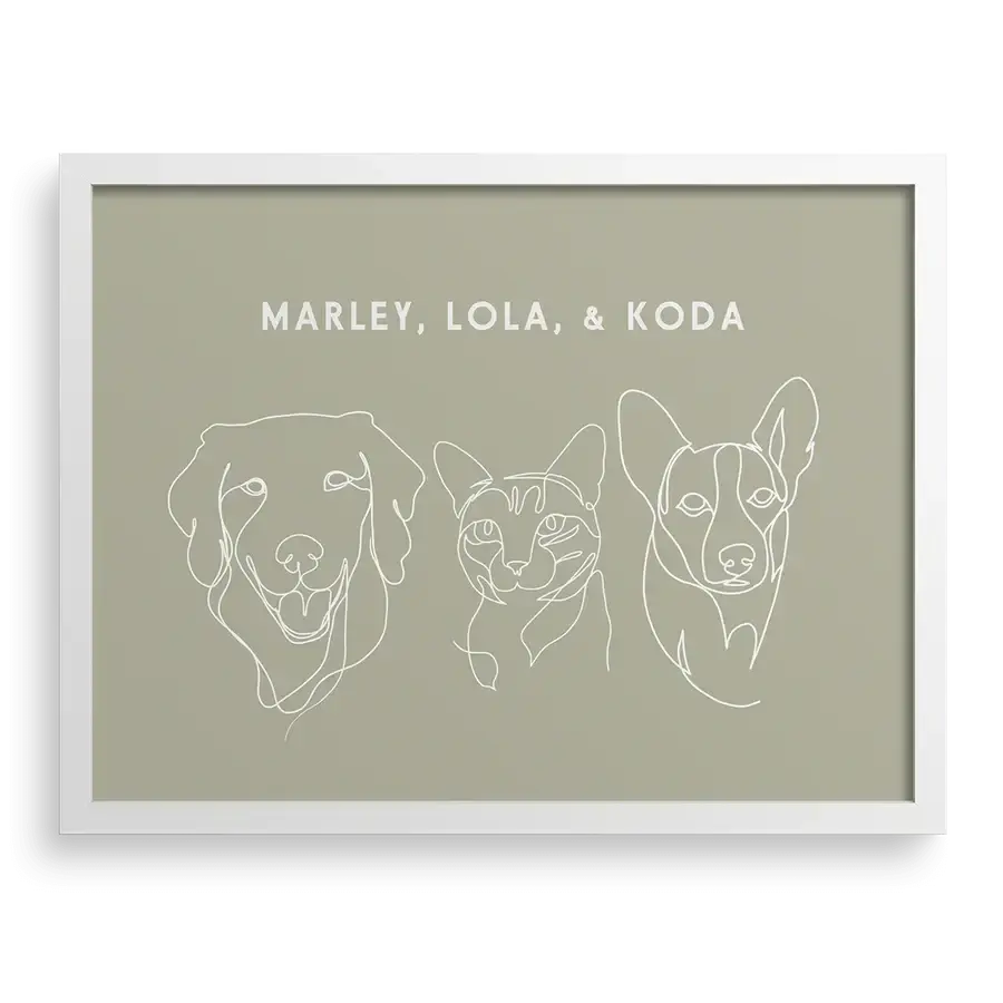 Custom Three Pet Line Drawing Portrait on Sage background with White frame – dog memorial gifts and pet remembrance art