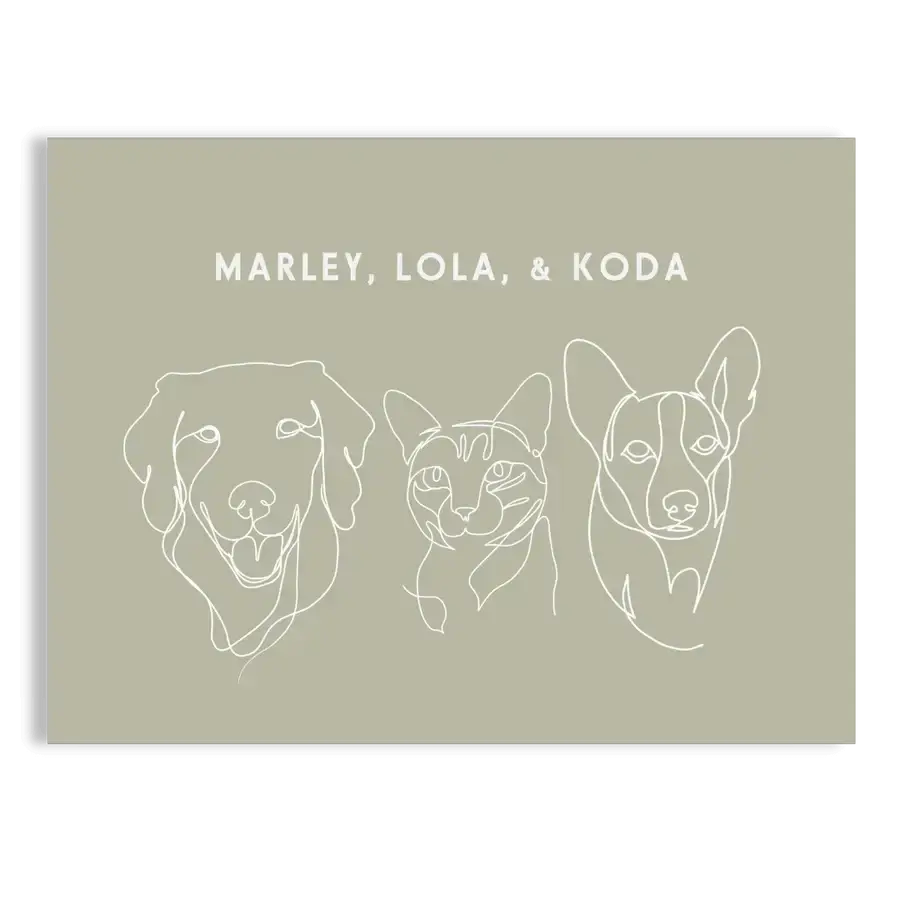 Custom Portrait for Three Pets line drawing on Sage background with no frame — dog and cat for art, pet memorial gifts, dog memorial by Paw-Pixie