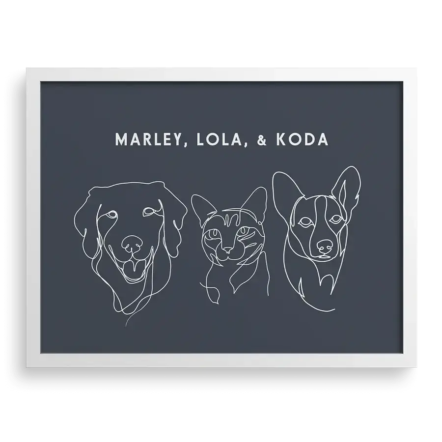 Custom Three Pet Line Drawing Portrait on Navy background with White frame – personalized pet memorial wall decor