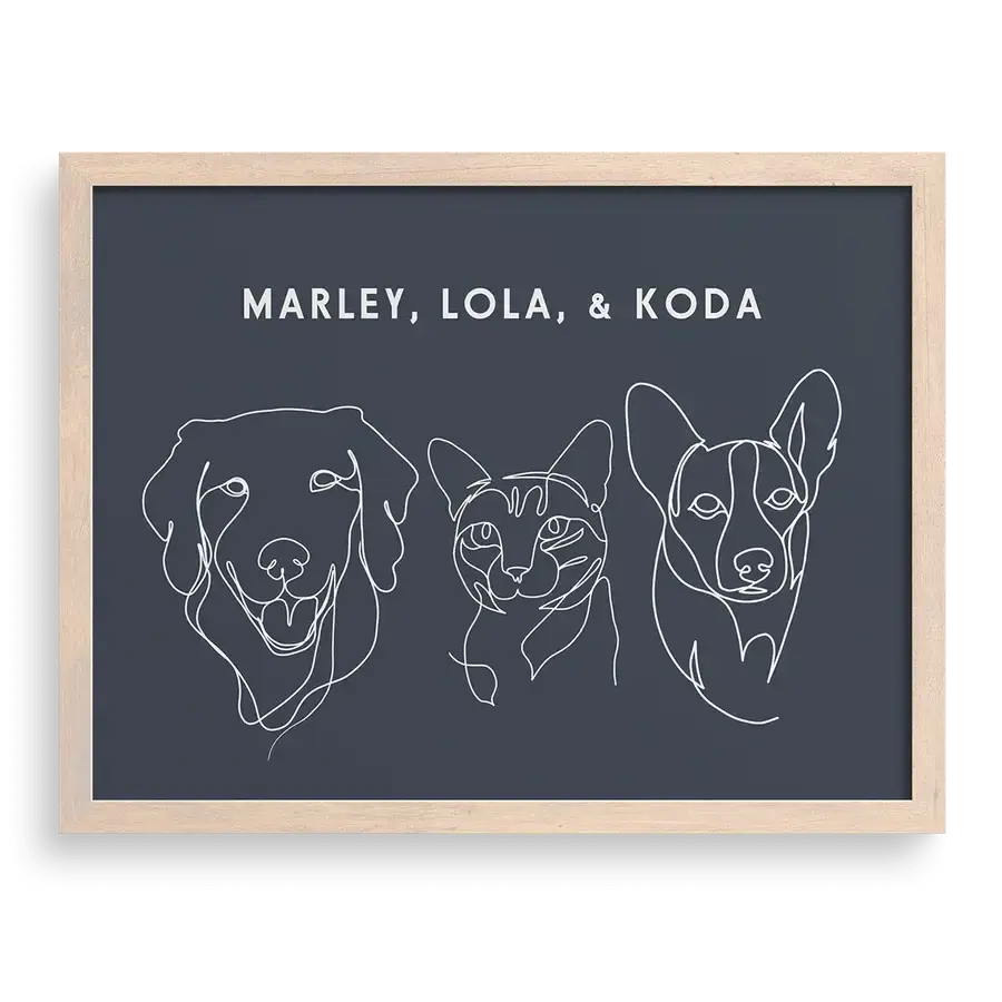 Custom Three Pet Line Drawing Portrait on Navy background with Brown frame – personalised pet memorial wall artwork