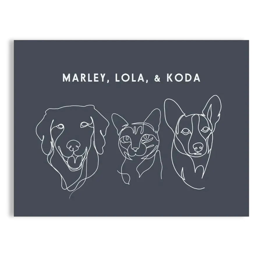 Custom Three Pet Line Drawing Portrait on Navy background with No Frame — adult soft toys, cuddle clones louisville, pet memorial gifts by Paw-Pixie