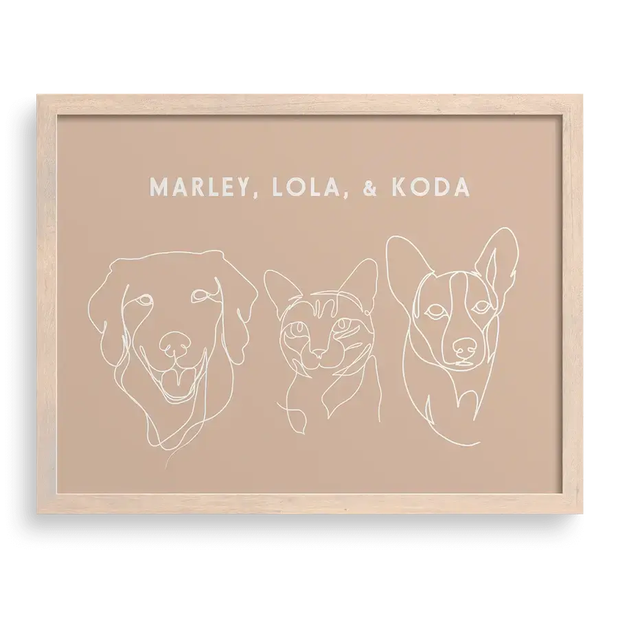 Custom Three Pet Line Drawing Portrait on Terracotta background with Brown frame – personalised pet memorial wall art