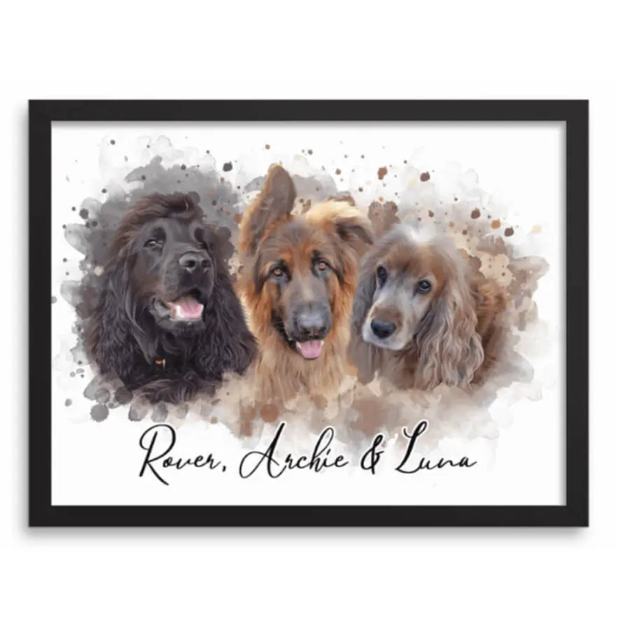 Paw-Pixie custom watercolor portraits of three fluffy dogs in a black frame by Paw-Pixie
