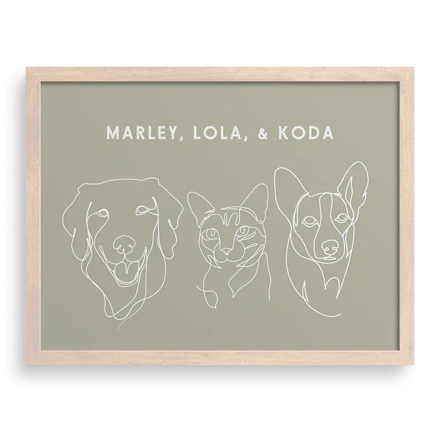 Fine line art showing dog’s face with gentle expression