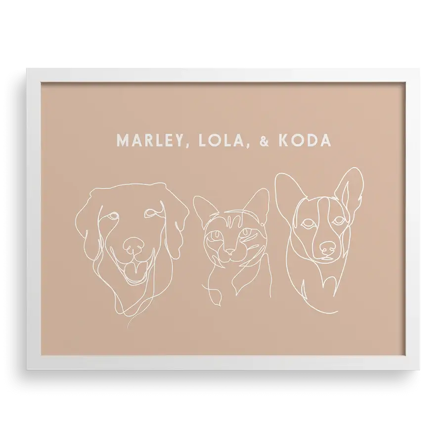 Personalized line art of a pet with name under the drawing