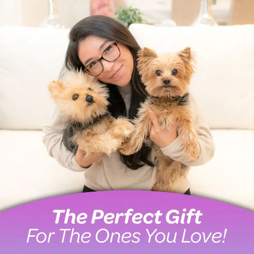 A smiling woman holding her real Yorkshire dog and a custom plush replica, showing them side by side.