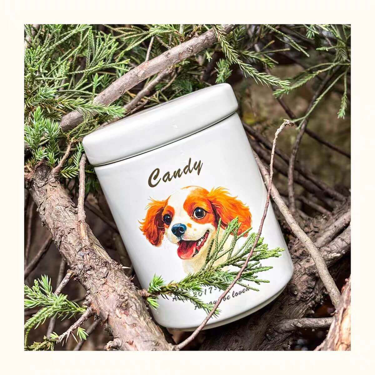 Custom Pet Urn placed outdoors with colorful dog portrait engraving, personalized ashes memorial container — by Paw-Pixie