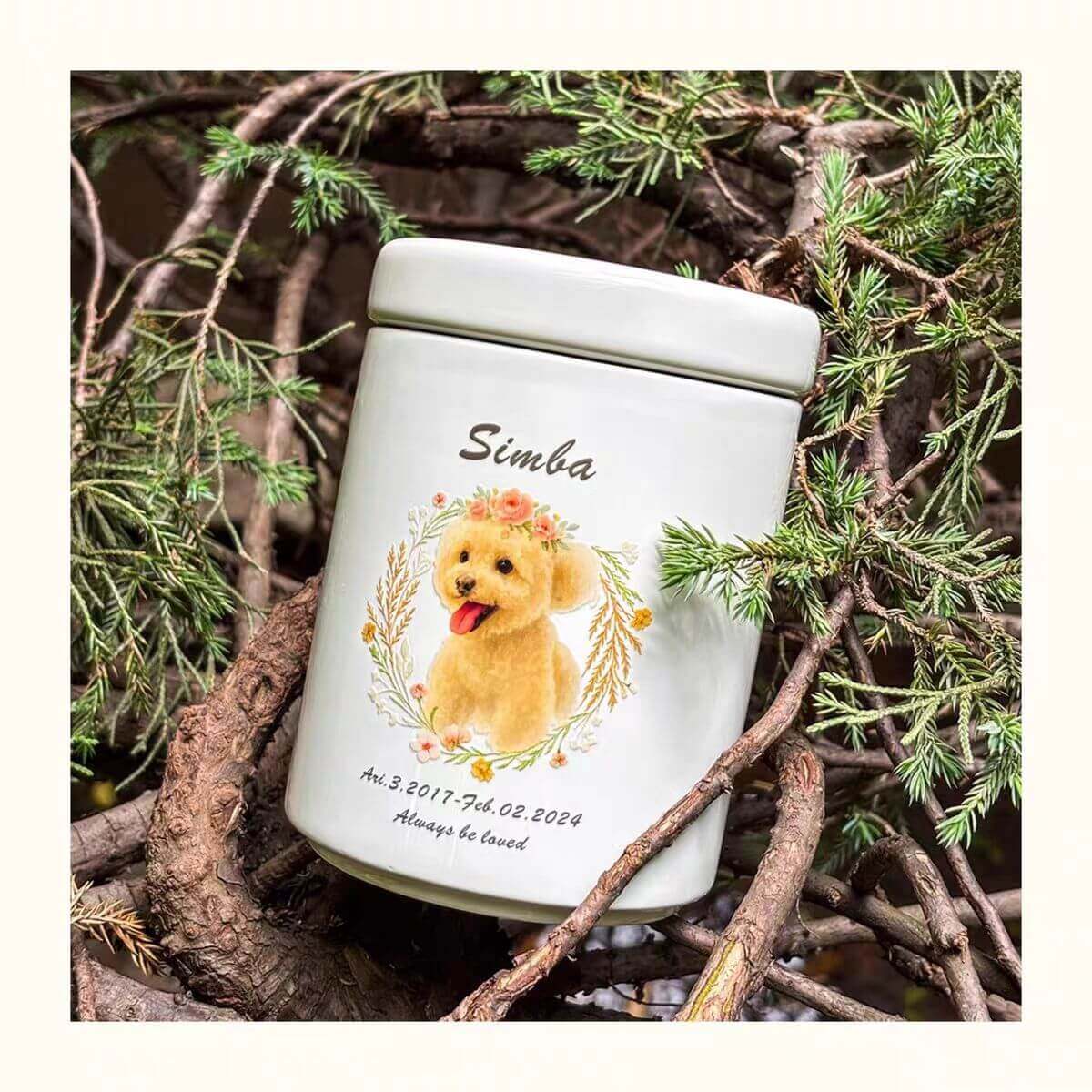 Custom Pet Urn with golden retriever portrait engraving, personalized ashes container for pet loss memorial — by Paw-Pixie