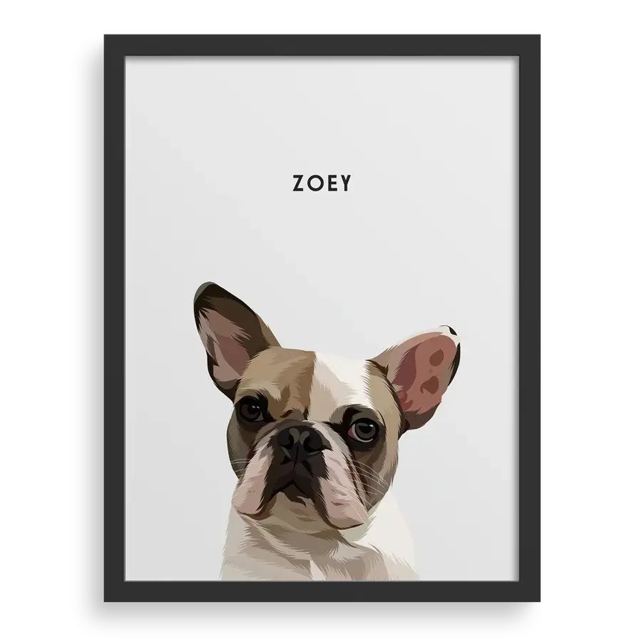 Custom pet portrait of French Bulldog Zoey by Paw-Pixie, minimalist style with white background.