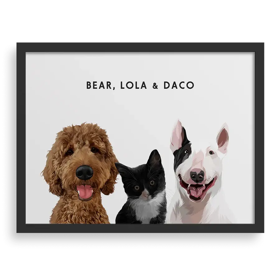 Custom portrait for three pets with soft white background and black frame - personalized dog and cat wall art by Paw Pixie