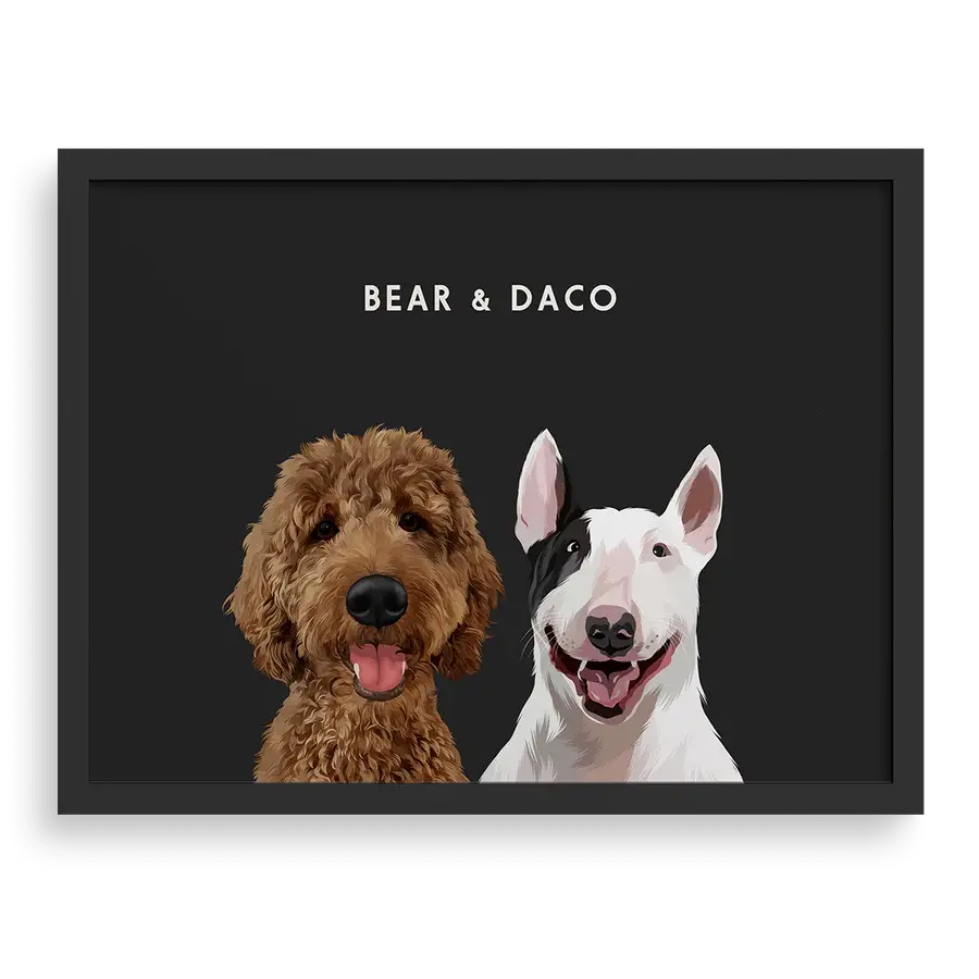 Custom portrait for two pets with charcoal gray background and black frame - stylish pet wall art by Paw Pixie