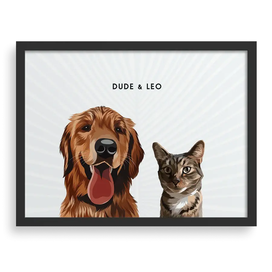 Custom portrait for two pets featuring a dog and a cat with a pampas grass background and black frame - Paw Pixie wall art