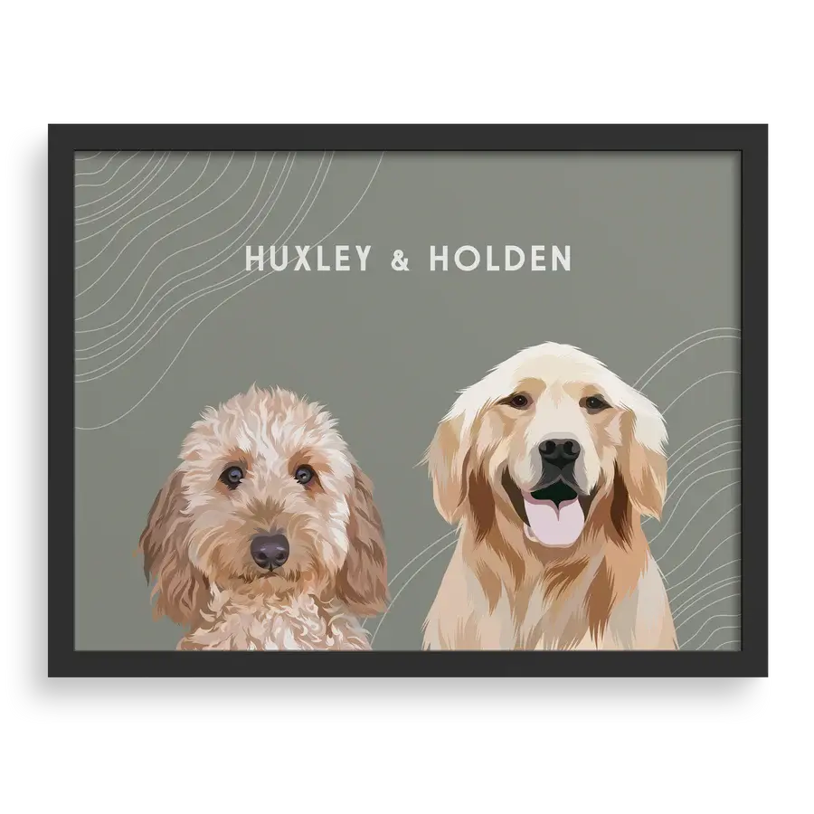 Custom portrait for two pets with sage background and black frame - personalized dog and cat wall art by Paw Pixie