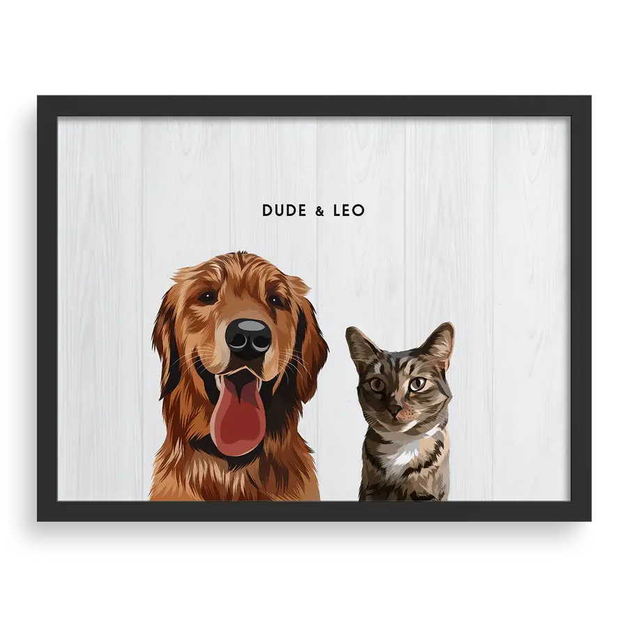 Custom portrait for two pets featuring a dog and a cat with a shiplap background and black frame - Paw Pixie wall art