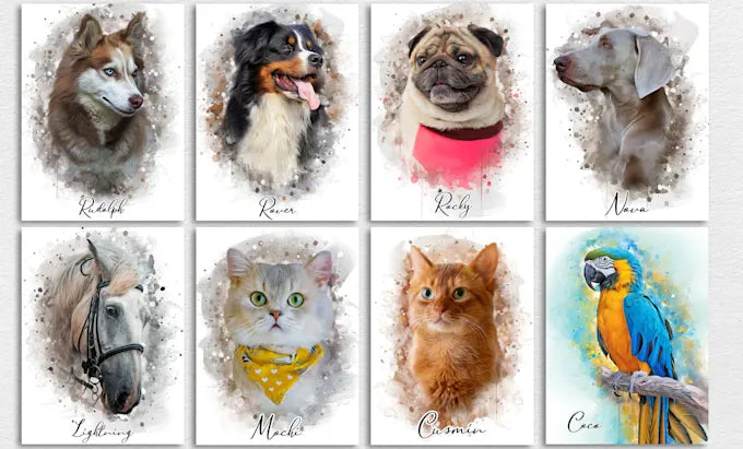Custom watercolor pet portraits featuring a husky, pug, golden retriever, cat, parrot, and horse – personalized animal artwork by Paw-Pixie