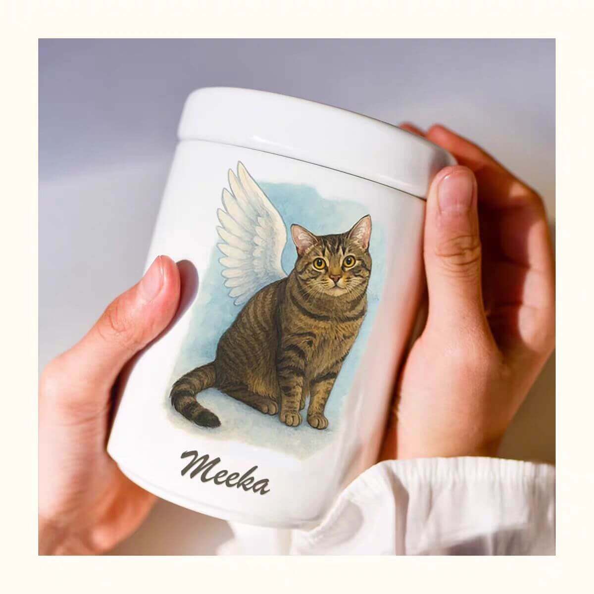 Custom Pet Urn with engraved cat portrait and angel wings design, personalized ashes memorial container — by Paw-Pixie