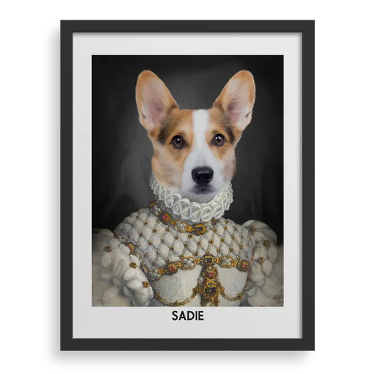 Custom pet portrait "The Proper Lady" by Paw-Pixie in a black frame, featuring a royal-style corgi named Sadie.