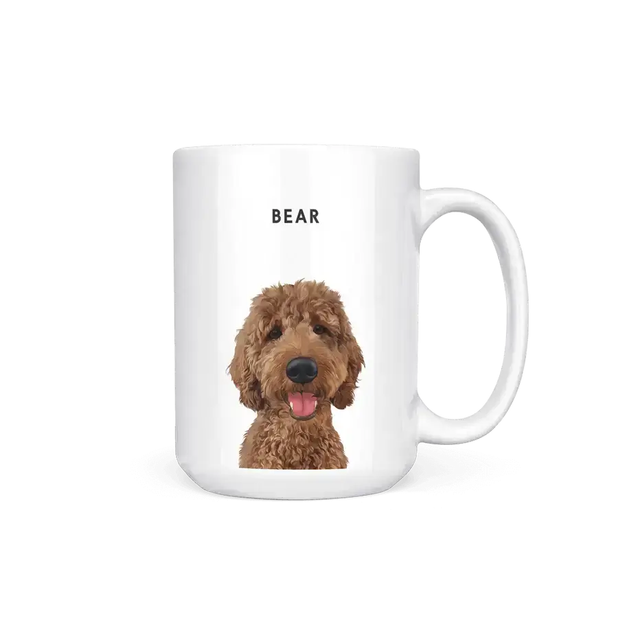 Personalised 15oz pet portrait mug with dog painting face design, memorial pet gift