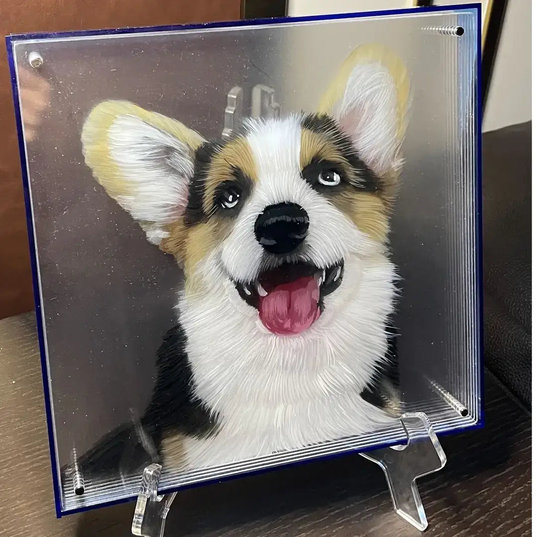 Multi-layered acrylic artwork featuring a loyal dog companion