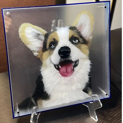 Multi-layered acrylic artwork featuring a loyal dog companion