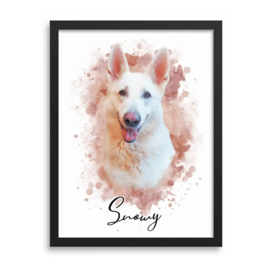 Watercolor art of Snowy, the white shepherd dog, a beautiful custom pet portrait.
