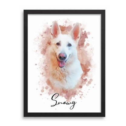Watercolor art of Snowy, the white shepherd dog, a beautiful custom pet portrait.