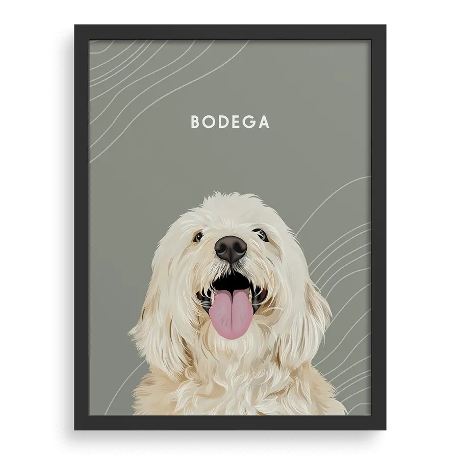 Handcrafted pet artwork with personalized name and classical frame
