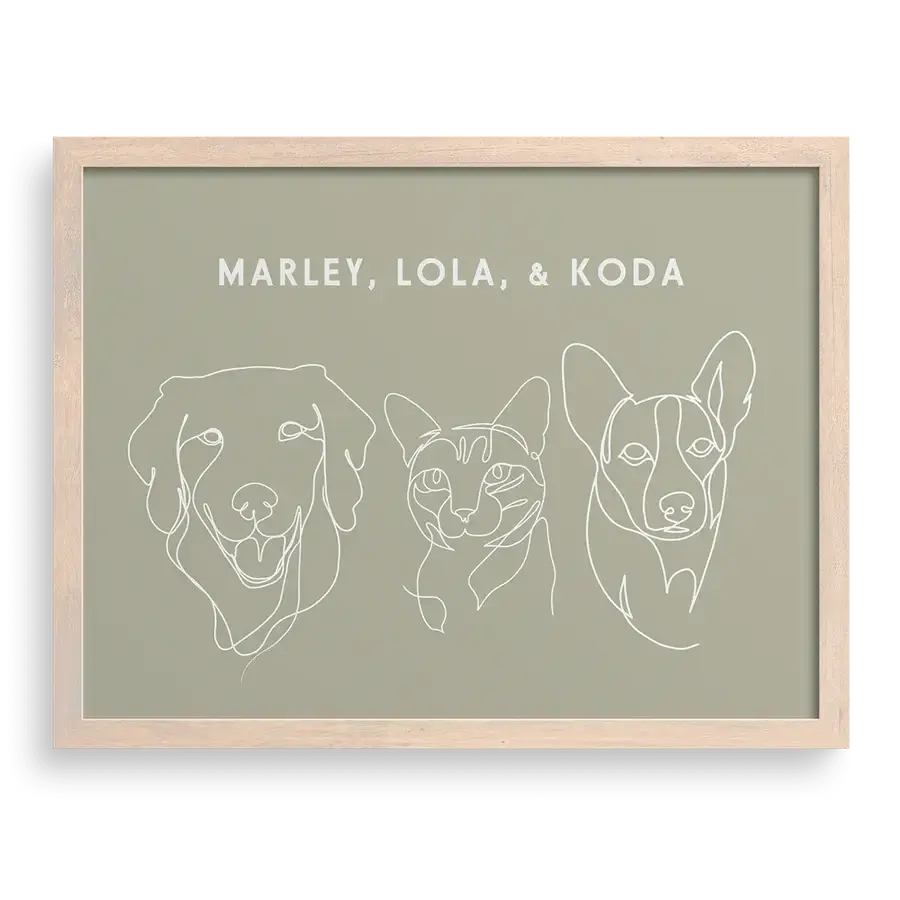 Fine line art showing dog’s face with gentle expression