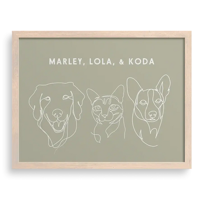 Fine line art showing dog’s face with gentle expression