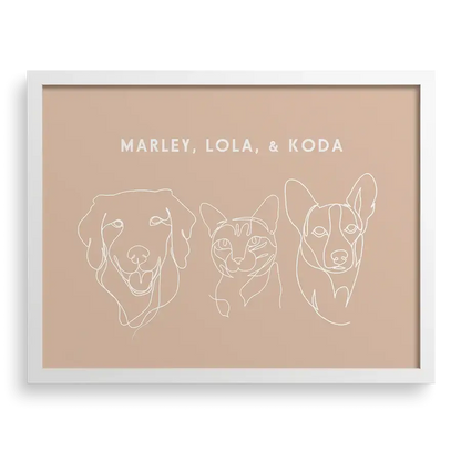 Personalized line art of a pet with name under the drawing