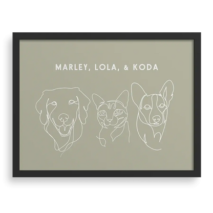 Custom Three Pet Line Drawing Portrait PawPixie