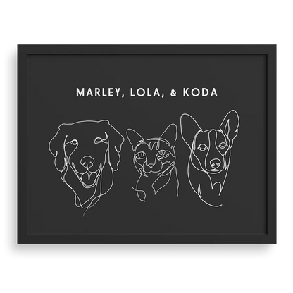 Custom Three Pet Line Drawing Portrait PawPixie